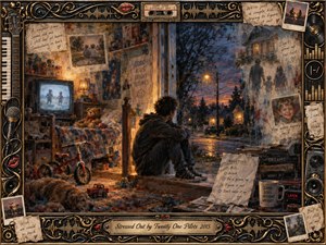 A solitary young figure sits between a warmly lit childhood bedroom and a shadowy suburban evening, surrounded by toys, photographs, handwritten notes, and reminders of adulthood. Rich amber, blue, and charcoal tones create a wistful, anxious mood. Painterly textures, nostalgic details, and an ornate music-themed frame deepen the sense of fading innocence.
