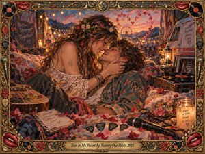 A bohemian couple shares an intimate embrace at a glowing outdoor music festival, surrounded by roses, vinyl records, guitars, lanterns, and scattered petals. Warm amber lights blend with coral, crimson, and dusky blue skies, creating a tender, rebellious mood. Rich impressionistic brushwork and an ornate gold musical frame heighten the romantic atmosphere.
