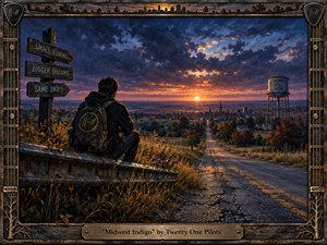 A lone traveler sits beside a weathered guardrail overlooking a small Midwestern town, its roads stretching toward the glowing horizon. Dramatic indigo, violet, and amber clouds surround the setting sun, creating a reflective, melancholic atmosphere. Painterly realism, rustic signage, autumn grasses, a distant water tower, and an ornate metal frame reinforce the nostalgic Americana mood.