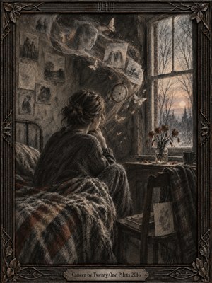 A solitary figure sits curled beside a winter window in a dim bedroom, surrounded by fading photographs, wilted flowers, and drifting moths. Ghostly memories spiral through charcoal shadows toward a pale sunset. Muted grays, sepia highlights, delicate pencil textures, and an ornate dark frame deepen the mournful stillness.