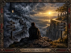 A solitary hooded figure sits above a misty valley, contemplating a crumbling bridge and a sunlit road. Storm clouds, circling ravens, and fractured architecture contrast with golden light and distant hope. Rich cinematic detail, dramatic shadows, symbolic signposts, and an ornate industrial metal frame create a haunting atmosphere of uncertainty.