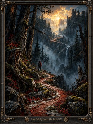 A solitary traveler in a red jacket overlooks a winding mountain trail surrounded by towering pines, mossy rocks, and misty waterfalls. Golden sunlight breaks through stormy clouds above distant cliffs, suggesting hope amid uncertainty. Richly textured oil painting and dramatic lighting complement an ornate metallic frame with engraved musical details.
