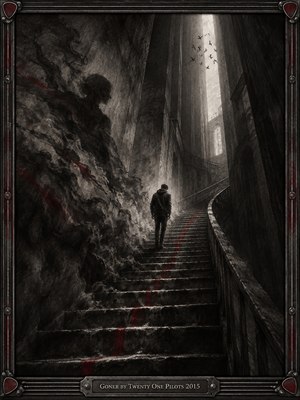 A solitary hooded figure ascends a crumbling staircase through towering gothic ruins, surrounded by swirling charcoal shadows and faint crimson streaks. Pale daylight filters from above, illuminating distant birds and weathered stone. The haunting, atmospheric composition conveys isolation, vulnerability, and determination, framed by distressed metalwork and an engraved title plate.