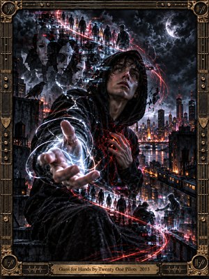 A hooded young man reaches through glowing white strands above a rain-darkened city, his other hand pressed to his chest. Scarlet trails wind past ghostly masks and distant silhouettes beneath a clouded moon. Cool blue shadows and amber windows intensify the anxious yet hopeful mood, framed by intricate metallic guitar hardware.