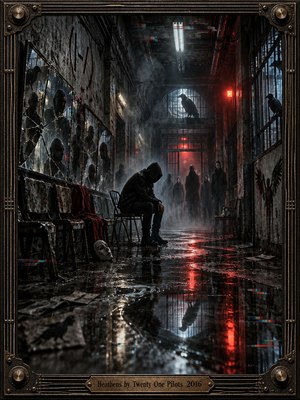 A hooded figure sits alone in a decaying corridor as shadowy strangers gather beyond a barred doorway. Cracked mirrors, discarded masks, perched ravens, and wet reflections heighten the sinister atmosphere. Cold blue lighting contrasts with glowing red accents in this cinematic digital artwork, enclosed by an ornate industrial metal frame.