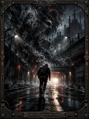 A lone hooded figure walks through a rain-soaked industrial tunnel toward distant light, pursued by swirling spectral faces and grasping shadows. Charcoal skies, smoky grays, and ember-red reflections create an atmosphere of psychological turmoil. Dramatic cinematic digital painting, intricate urban decay, and a weathered metallic frame emphasize determination amid darkness.