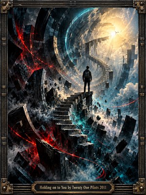 A lone figure stands on a shattered staircase winding through a vast spiral of stone and storm clouds. Crimson sparks and turquoise currents pierce the darkness toward a radiant golden opening. Dramatic digital surrealism conveys struggle, determination, and hope, enclosed within an ornate industrial metal frame with an engraved title plate.