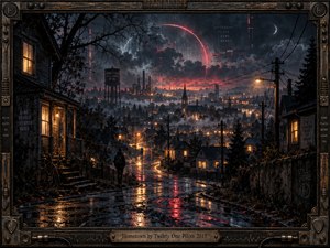 A lone figure overlooks a rain-soaked hometown beneath stormy midnight skies and a glowing crimson arc. Amber windows illuminate winding streets, clustered rooftops, and distant industrial towers. Moody digital painting blends nostalgic warmth with urban isolation, while shimmering reflections, drifting mist, and an ornate metallic musical frame deepen the atmosphere.