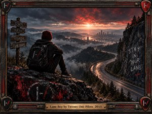 A solitary traveler in a red beanie overlooks a winding mountain road and distant city beneath a fiery, storm-dark sky. Mist blankets the valleys, while rebellious messages mark weathered signs and cliffs. Cinematic realism, charcoal tones, crimson highlights, and a rugged industrial frame evoke independence, tension, and restless ambition.