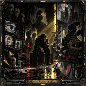A solitary figure sits hunched beneath golden light in a dystopian broadcast chamber filled with flickering monitors, haunting masks, tangled cables, and scattered messages. Beyond, a moonlit industrial skyline glows through smoky darkness. Crimson reflections, yellow signal patterns, and glitch textures create an atmosphere of isolation, anxiety, and mysterious communication.