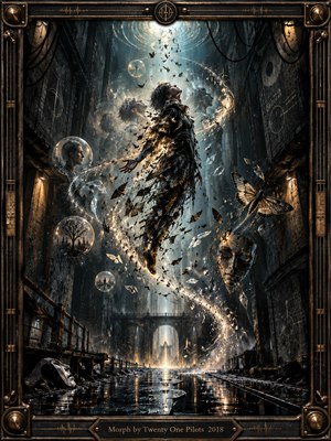 A solitary figure ascends through a ruined industrial cathedral, dissolving into butterflies, shards, and golden sparks. Ghostly faces and floating memory spheres surround a luminous spiral above rain-slick floors. Cool teal shadows contrast with warm amber light, creating a haunting atmosphere in this surreal digital painting, enclosed by an ornate bronze mechanical frame.