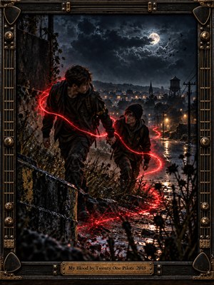 Two young men clasp hands while climbing a rain-soaked hillside above a distant, glowing town. A crimson ribbon of light spirals around them beneath a clouded moon, symbolizing loyalty amid danger. Cold blue shadows, amber streetlights, and reflective puddles enrich the cinematic digital painting, enclosed by an ornate bronze-and-black musical frame.