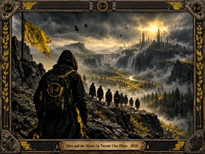 A hooded traveler overlooks a misty mountain valley as cloaked figures journey toward a distant fortress city. Storm clouds part around a golden sun, illuminating waterfalls, rugged cliffs, and yellow foliage. This cinematic digital painting combines ominous atmosphere, rebellious symbolism, dramatic depth, and industrial black-and-gold framing with an engraved title plate.