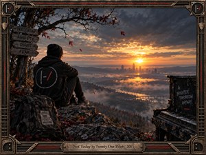 A solitary hooded figure sits on a rocky overlook above a misty forest, winding river, and distant city. Golden sunlight breaks through charcoal storm clouds, illuminating the somber landscape. Graffiti marks a crumbling wall while tattered yellow fabric flutters nearby. A weathered industrial metal frame completes the atmospheric cinematic composition.