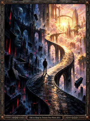 A lone hooded figure pauses on a winding bridge above a fractured city, caught between blue-black ruins and radiant golden towers. Floating debris, a ghostly stone face, and crimson glows evoke inner turmoil, while dawn illuminates luminous clouds. An engraved metallic frame completes this dramatic, highly detailed digital painting.