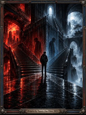 A solitary backpacked figure stands at a rain-slick crossroads between towering stairways, one glowing crimson beneath a burning city and the other fading into moonlit blue mist. Dramatic digital painting contrasts heat and cold, fear and possibility, within weathered Gothic architecture. An ornate metallic frame and engraved title plate complete the scene.