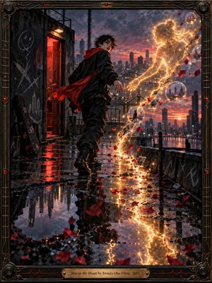 A young figure reaches toward a luminous golden woman above a rain-soaked city rooftop at sunset. Glowing trails, drifting red petals, and shimmering puddles create a romantic, restless atmosphere. Rich crimson, violet, and amber tones illuminate the cinematic digital artwork, enclosed within an ornate metallic frame with an engraved brass title plate.