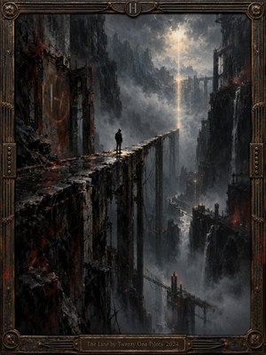 A lone hooded traveler stands on a crumbling bridge above a misty industrial abyss, facing a distant shaft of golden light. Towering ruins, dangling cables, and faint crimson embers emerge through blue-gray fog. Rich oil-painted textures evoke isolation, uncertainty, and fragile hope, surrounded by an ornate bronze frame.