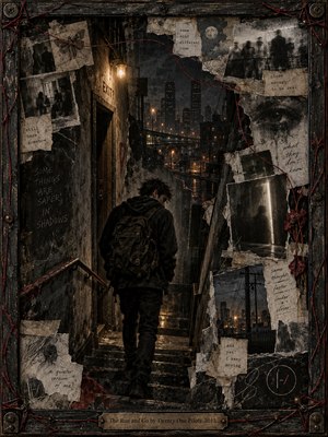 A lone backpacked figure descends a rain-darkened stairway toward a distant city glowing with amber lights. Torn photographs, handwritten scraps, and looping red threads suggest anxious memories and isolation. Charcoal shadows, weathered paper, and faint golden illumination create a haunting mixed-media collage enclosed within a distressed wooden and metal frame.