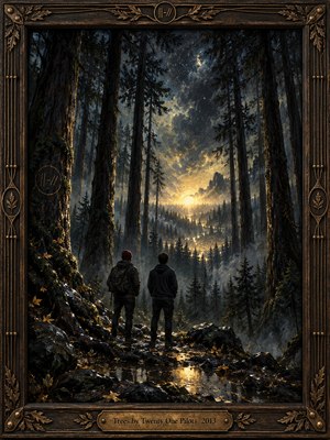 Two solitary figures stand beneath towering pines, gazing toward a radiant golden light across a mist-filled valley. Deep blue shadows, moonlit clouds, scattered sparks, and shimmering puddles create a mysterious, hopeful atmosphere. Rich oil painting textures glow within an ornate dark wood and bronze frame with an engraved title plate.