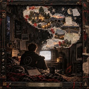 A solitary young figure watches a glowing television in a shadowy bedroom as dreamlike paper fragments spiral overhead, revealing houses, winding roads, stars, and distant mountains. Warm amber light contrasts with charcoal shadows and faded red accents. Layered collage textures and a weathered instrument-inspired frame evoke tender skepticism and restless hope.