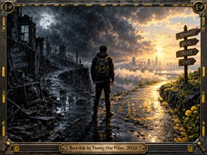 A lone traveler stands at a rain-soaked crossroads between a ruined city beneath storm clouds and a golden skyline glowing with hope. Cinematic digital artwork contrasts charcoal shadows with warm sunlight, reflecting inner struggle and renewal. Weathered signposts, yellow flowers, and an industrial metal frame reinforce the symbolic journey.