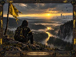 A hooded traveler overlooks a misty forest valley, winding golden river, and distant industrial skyline beneath a dramatic sunset. A tattered yellow flag symbolizes resistance and hope. Cinematic photographic realism, deep charcoal shadows, amber light, and atmospheric haze create a mysterious, contemplative mood, enclosed within an ornate weathered metal frame.