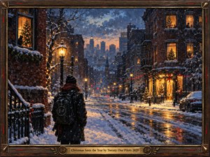 A solitary figure stands on a snow-covered city street at twilight, surrounded by glowing Christmas trees, festive windows, and warm streetlights. Deep blues contrast with golden reflections across icy pavement. Falling snow softens the nostalgic, hopeful atmosphere. Rich painterly textures and an ornate bronze frame complete the cinematic winter scene.
