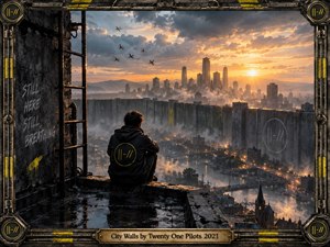 A solitary figure overlooks a sprawling dystopian city enclosed by towering concrete walls beneath a golden sunset. Misty streets, distant skyscrapers, circling birds, and reflective waterways create an atmosphere of isolation and defiance. Cinematic realism, charcoal textures, yellow symbols, and an industrial metal frame emphasize resilience, mystery, and fragile hope.