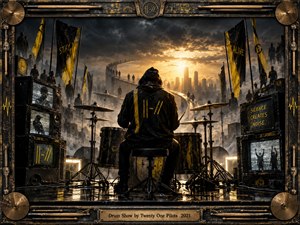 A hooded drummer faces a glowing city beneath stormy skies, surrounded by shadowy crowds, winding bridges, distressed banners, and flickering monitors. Golden sunlight cuts through smoky darkness, creating defiant hope amid industrial decay. Cinematic realism, black and yellow accents, reflective pavement, and an ornate metallic percussion frame intensify the atmosphere.