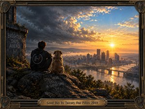 A young man and his dog overlook a river city at sunrise, surrounded by rugged cliffs and distant mountains. Golden light breaks through storm clouds, contrasting darkness with hope. Detailed cinematic digital artwork captures quiet resilience, graffiti messages, glowing bridges, and an ornate black-and-gold musical frame with engraved title plate.