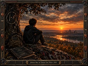 A solitary young man sits on a rocky overlook beneath an ancient tree, watching a golden sunset illuminate a distant city and winding river. This cinematic artwork blends melancholy with hope through dramatic clouds, amber light, and deep shadows. A weathered musical frame surrounds the scene, featuring symbolic emblems and an engraved title plate.