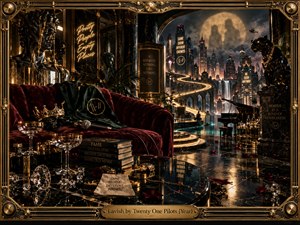 A lavish surreal penthouse overlooks a glowing nighttime skyline beneath a vast moon. Burgundy velvet, emerald fabric, golden sculptures, crystal glasses, and a discarded microphone suggest hollow glamour. Winding lights cross reflective marble toward distant towers. Dramatic amber illumination and deep shadows enrich the intricate digital artwork, framed in ornate gold.