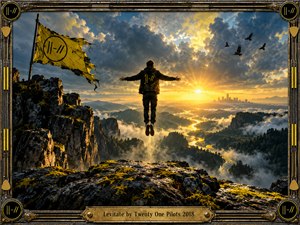 A lone figure levitates above rugged cliffs and misty valleys, facing a brilliant golden sunset over a winding river and distant city. Storm clouds, soaring birds, and a tattered yellow flag create dramatic tension. Cinematic photographic realism, rich blue shadows, and ornate metallic framing evoke freedom, defiance, and transcendence.