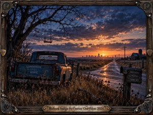 A weathered blue pickup rests beneath a barren tree beside a rain-slick country road stretching toward a distant skyline. Deep indigo clouds contrast with a glowing amber sunset, creating nostalgic melancholy and quiet hope. Cinematic photographic detail, rustic farmland, and an ornate metallic frame enhance the atmospheric composition.