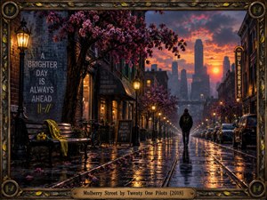 A lone hooded figure walks along a rain-soaked city street beneath pink blossoms and glowing lanterns. Golden sunset light reflects across tram tracks, contrasting with deep purple shadows and distant skyscrapers. This atmospheric digital painting conveys hope, resilience, and quiet optimism, enclosed within an ornate metallic frame with an engraved title plate.