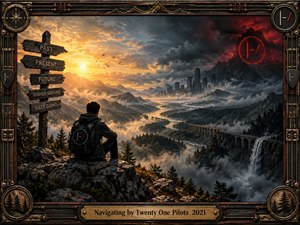 A lone traveler overlooks a misty mountain valley divided between golden sunlight and ominous crimson storms. Winding rivers, distant skyscrapers, waterfalls, and directional signs evoke uncertainty and perseverance. Dramatic cinematic realism blends rugged landscapes with surreal symbolism, framed by ornate black metalwork, compass motifs, musical emblems, and an engraved brass titleplate.
