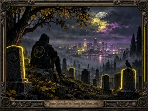 A hooded figure sits among neon-lit gravestones overlooking a misty city beneath a clouded moon. Golden yellow and violet lights pierce the somber darkness, reflecting across distant water. A raven, twisted branches, and autumn leaves deepen the haunting atmosphere. Detailed cinematic painting and an ornate metallic frame complete the composition.