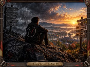 A solitary young man overlooks a misty campus valley, caught between dark storm clouds and a radiant golden sunrise. Weathered signposts symbolize anxiety, uncertainty, healing, and renewal. Dramatic cinematic lighting, rugged textures, autumn colors, and an industrial guitar-inspired frame create a powerful portrait of emotional transition and hope.