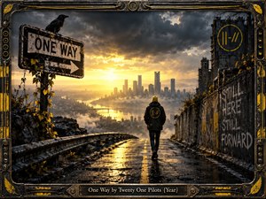 A solitary hooded figure walks along a rain-soaked, crumbling highway toward a distant city illuminated by golden sunrise. Ominous storm clouds, a perched black crow, weathered road signs, and defiant graffiti create a haunting dystopian atmosphere. Dramatic cinematic lighting contrasts dark industrial ruins with hopeful warmth, enclosed within an ornate metallic frame.