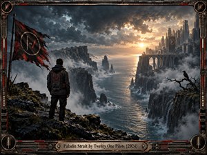 A lone traveler stands on a rugged cliff overlooking a turbulent strait and distant fortress city. Storm clouds part around a golden sunset, illuminating misty waters and towering cliffs. A tattered red flag and watchful raven deepen the dystopian atmosphere. An ornate metallic frame completes the cinematic digital artwork.