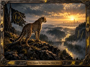 A spotted cheetah stands on a rocky cliff overlooking misty forests, a winding river, and a distant city glowing beneath a golden sunset. A tattered black flag flutters nearby. Dramatic clouds, warm highlights, and deep shadows create cinematic tension. An industrial metal frame and engraved title plate complete the atmospheric digital artwork.