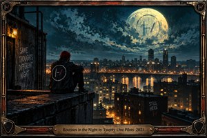 A solitary figure in a red beanie overlooks a glowing city beneath an enormous moon. Deep teal shadows contrast with amber streetlights reflecting across a river. The atmospheric digital artwork conveys insomnia, isolation, and resilience, framed by weathered industrial metal, musical emblems, graffiti, and an engraved brass title plate.
