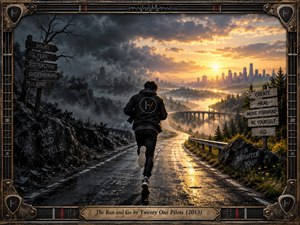 A lone runner races down a rain-soaked road between shadowy cliffs and a golden city skyline. Storm clouds yield to radiant sunlight, symbolizing escape from fear toward hope. Cinematic digital artistry captures reflective pavement, misty valleys, directional signs, and an ornate metallic guitar-inspired frame with an engraved title plate.