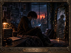 A solitary young man sits hunched over his glowing phone in a shadowy bedroom overlooking a fiery sunset skyline. Warm amber lamplight contrasts with cool blue shadows, while scattered books, photographs, and a fractured mirror suggest inner turmoil. Cinematic digital realism and an ornate metallic frame reinforce the introspective atmosphere.