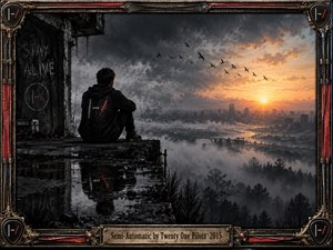 A solitary hooded figure overlooks a fogbound, ruined city from a crumbling rooftop. Stormy charcoal clouds give way to a brilliant golden sunrise above distant bridges and waterways. Reflective puddles, circling birds, and weathered graffiti heighten the haunting atmosphere. An ornate industrial metal frame completes the cinematic digital artwork.
