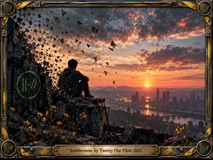A solitary young man sits among crumbling rooftop ruins overlooking a sprawling city at sunset. Dark fragments scatter into glowing skies, while delicate yellow wildflowers emerge from broken concrete. Warm orange light contrasts with stormy blue clouds, creating a cinematic atmosphere of vulnerability, devotion, resilience, and hope within an industrial metal frame.