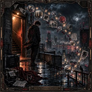 A solitary figure stands on a rain-soaked rooftop overlooking a stormy city skyline. Glowing tally marks, floating memories, scattered photographs, and mysterious numbers spiral through the darkness. Warm amber light contrasts with cold blue shadows, creating a haunting atmosphere. Intricate industrial metalwork frames this cinematic digital artwork.