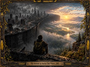 A solitary figure sits beside a crow overlooking a divided landscape, where a gloomy industrial city contrasts with sunlit mountains and forests. A towering curved wall separates darkness from hope. Cinematic digital artwork blends misty grays, golden light, and intricate textures, enclosed within an ornate weathered metal frame.