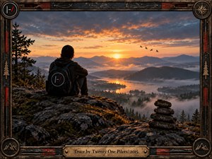A solitary traveler rests on a rocky summit overlooking misty forests, distant mountains, and a golden sunrise reflected across winding water. Warm orange light contrasts with cool blue shadows, creating a peaceful, hopeful atmosphere. Detailed cinematic realism, soaring birds, engraved stones, and a weathered decorative frame evoke resilience and quiet reflection.